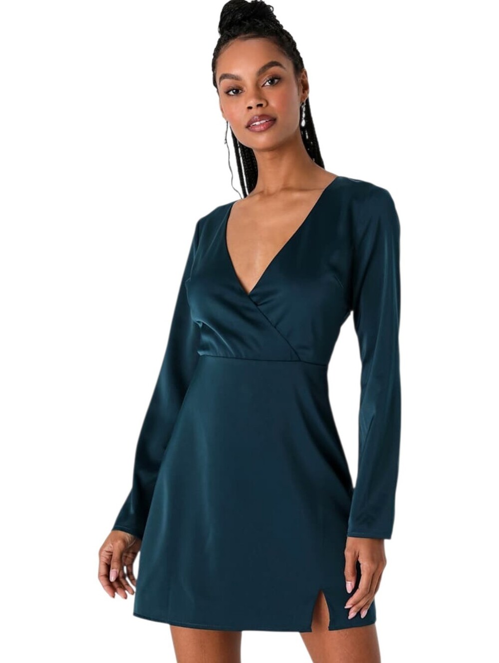 Lulus NWT Inspired Confidence Dark Teal Mini Dress Satin Long Sleeve Size Small